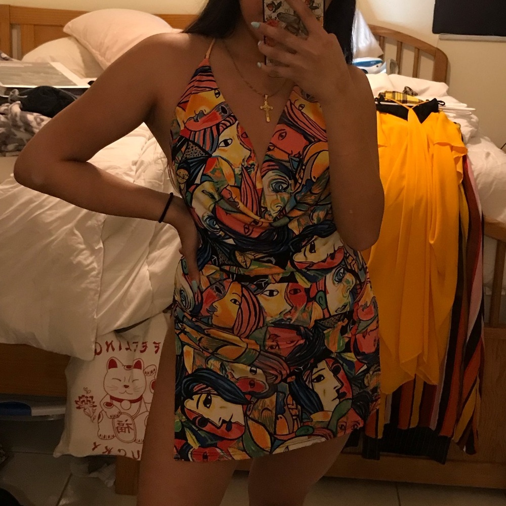 FashionNova Double Slit Painting Halter Cowl Dress